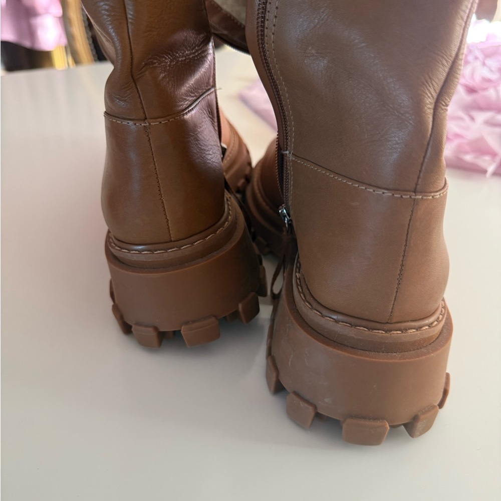 SCHUTZ Cognac Leather Mid-Calf Lug Sole Boots - Picture 9 of 10